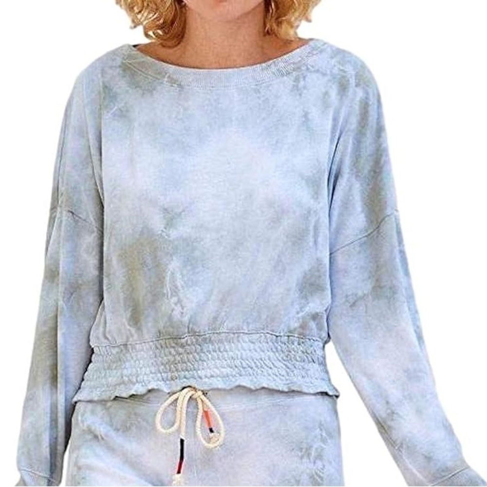 Sundry Tie Dye Green Smocked Crewneck Sweatshirt